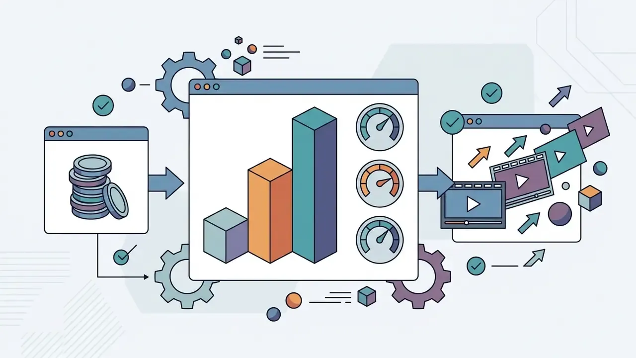 Process flow showing coin tokens moving through a central analytics dashboard to generate video clips