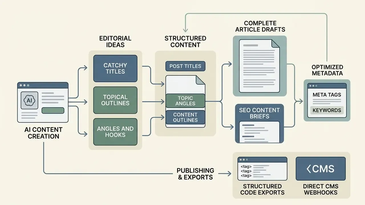Infographic showing how an AI blog post generator produces editorial ideas, drafts, and CMS exports