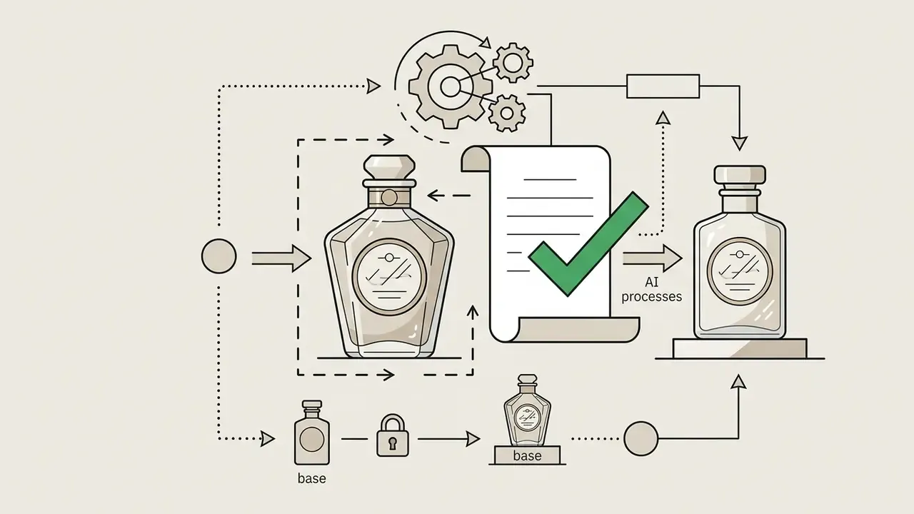 Line art showing a bottle undergoing generative processing while preserving its original design elements
