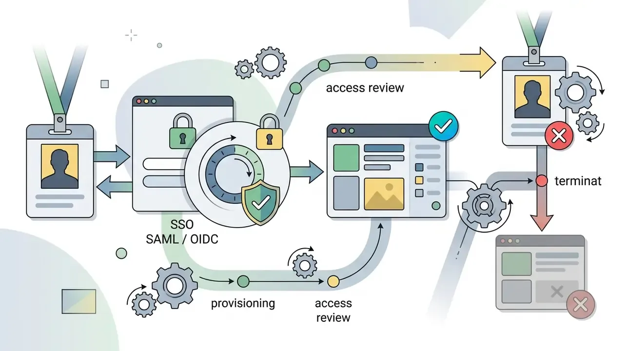 Flowchart showing user authentication via SSO and automated provisioning to manage enterprise access