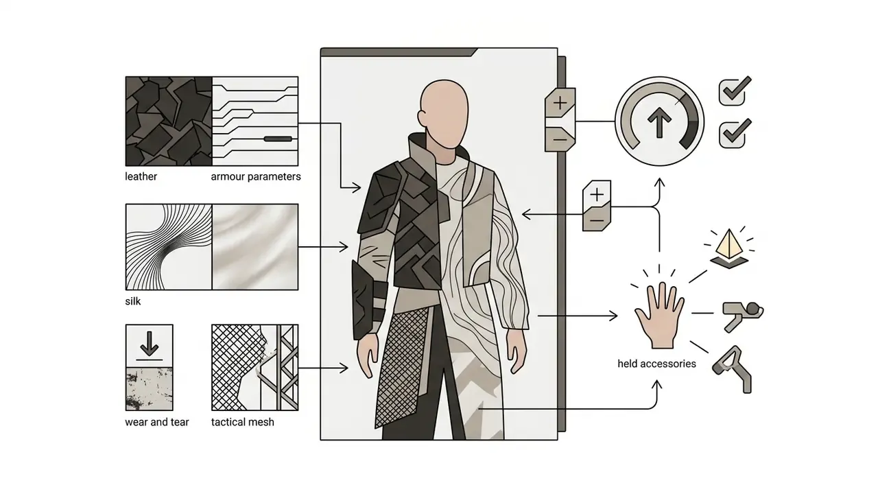 Character figure showing various clothing textures, armour parameters, and held accessories via callouts