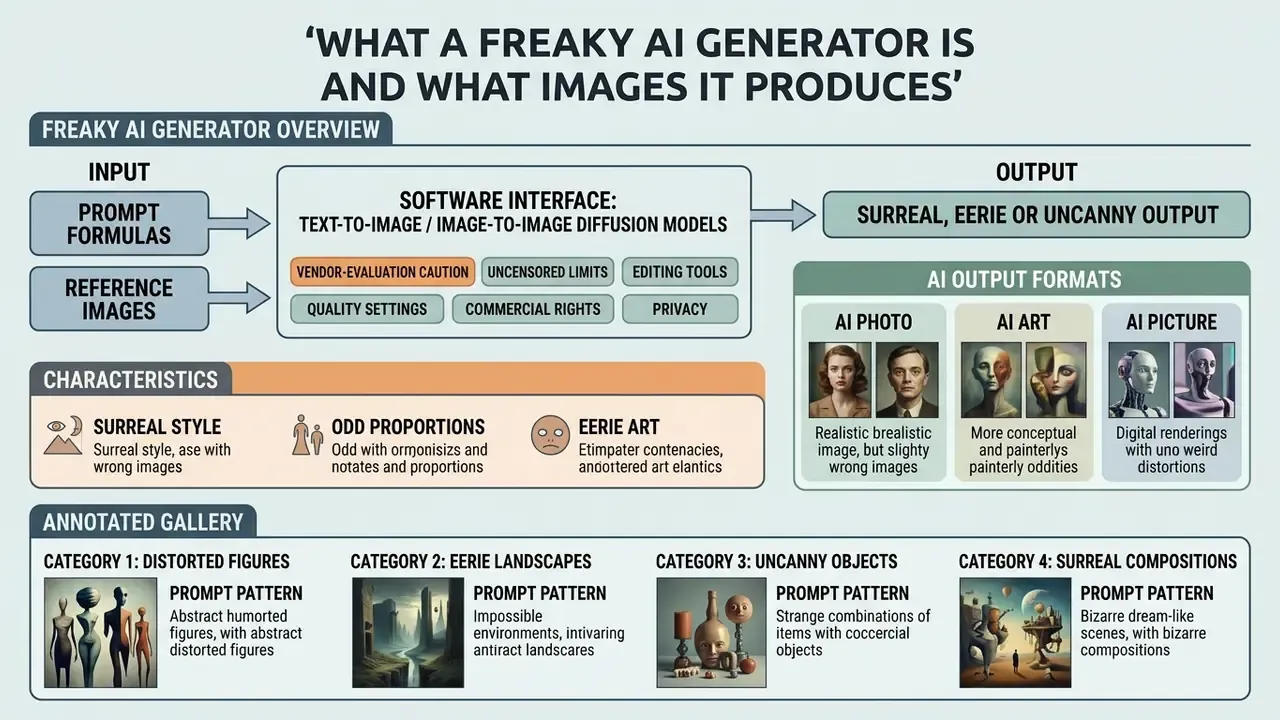 Infographic showing how a freaky AI generator processes prompts into surreal images and art formats