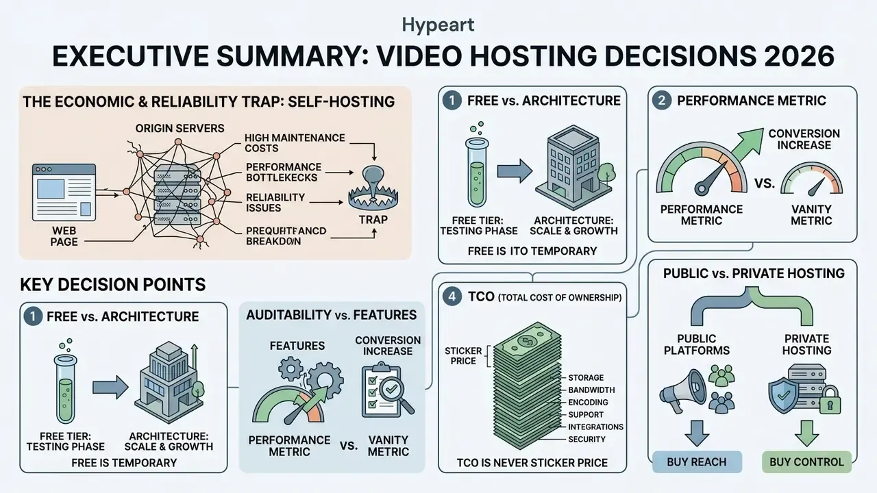 Infographic comparing self-hosting risks against strategic online video hosting decision factors