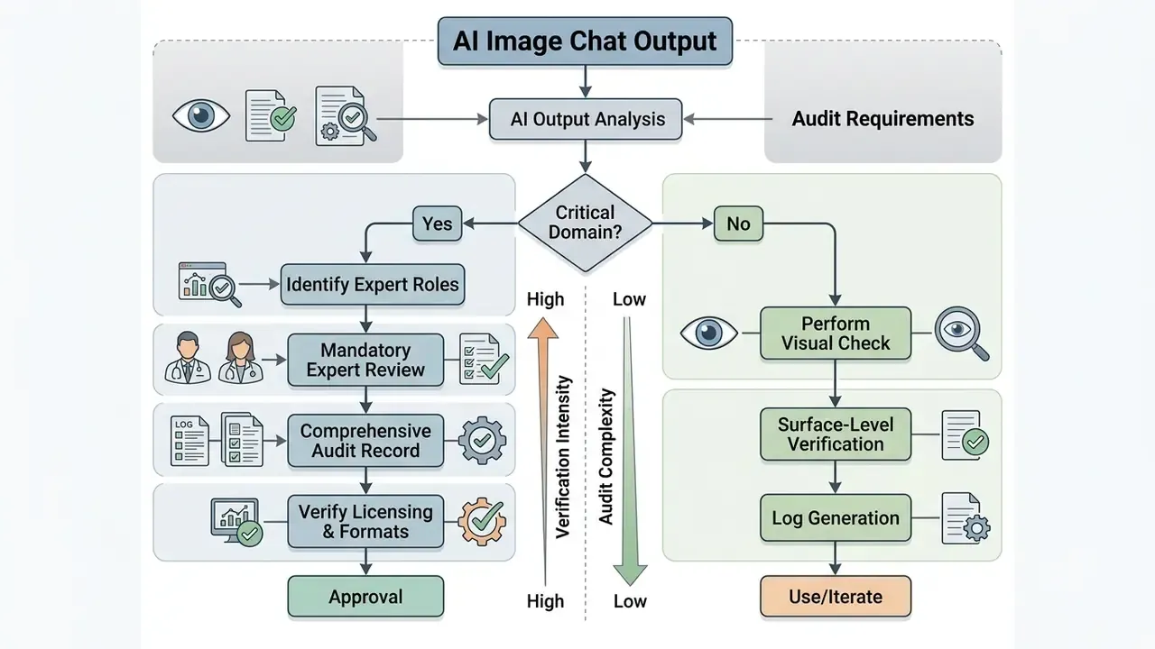 Decision tree mapping verification paths for AI content based on domain criticality and audit requirements