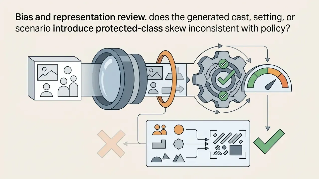 Flowchart showing a review process for AI video content to detect bias in cast and scenario elements