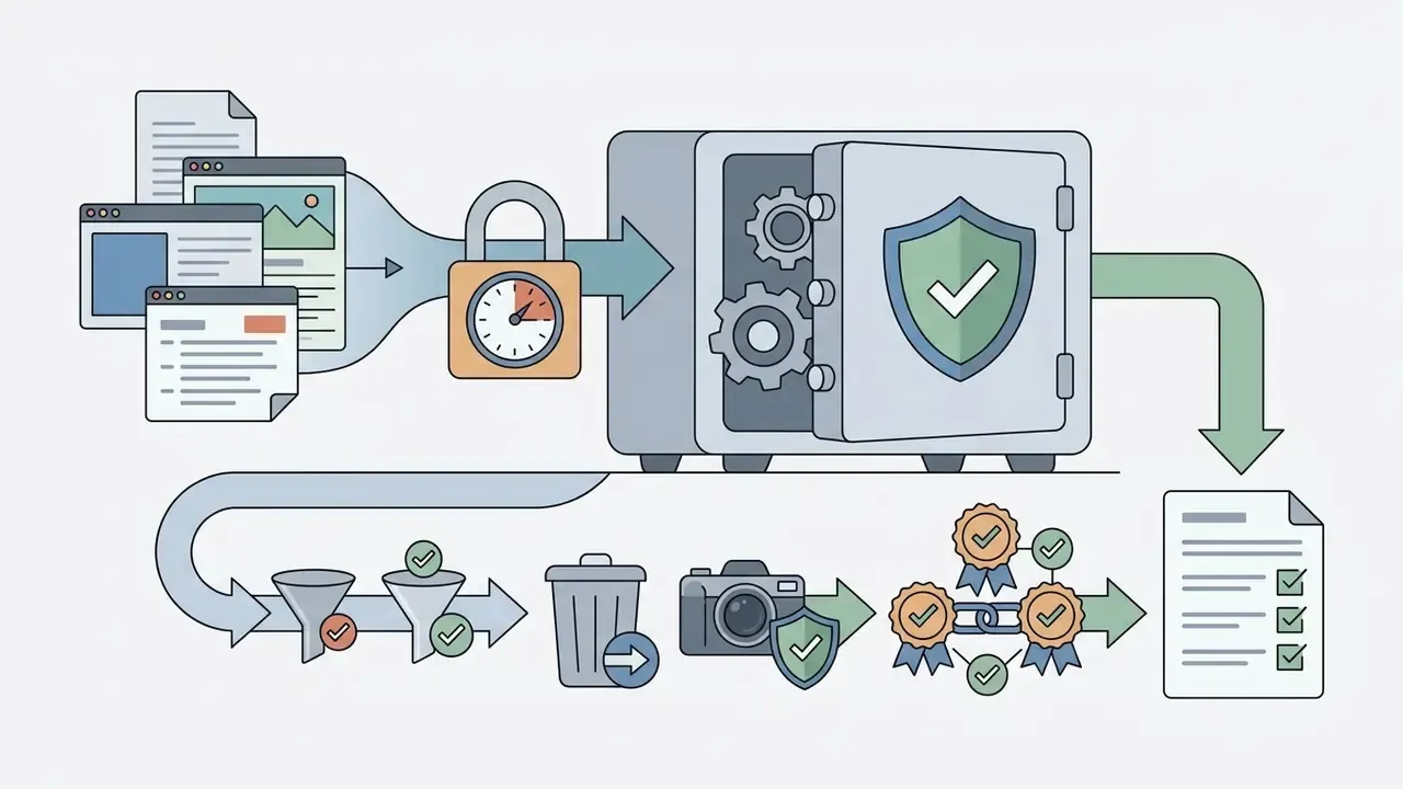 Data files entering a secure vault for processing, deletion, and verified metadata documentation