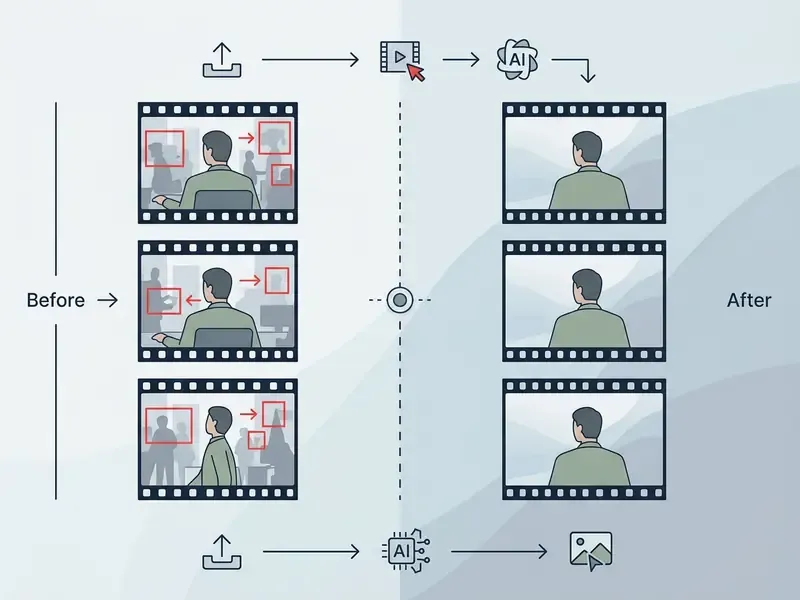 Split view comparing video frames before and after using AI to remove unwanted objects from the scene