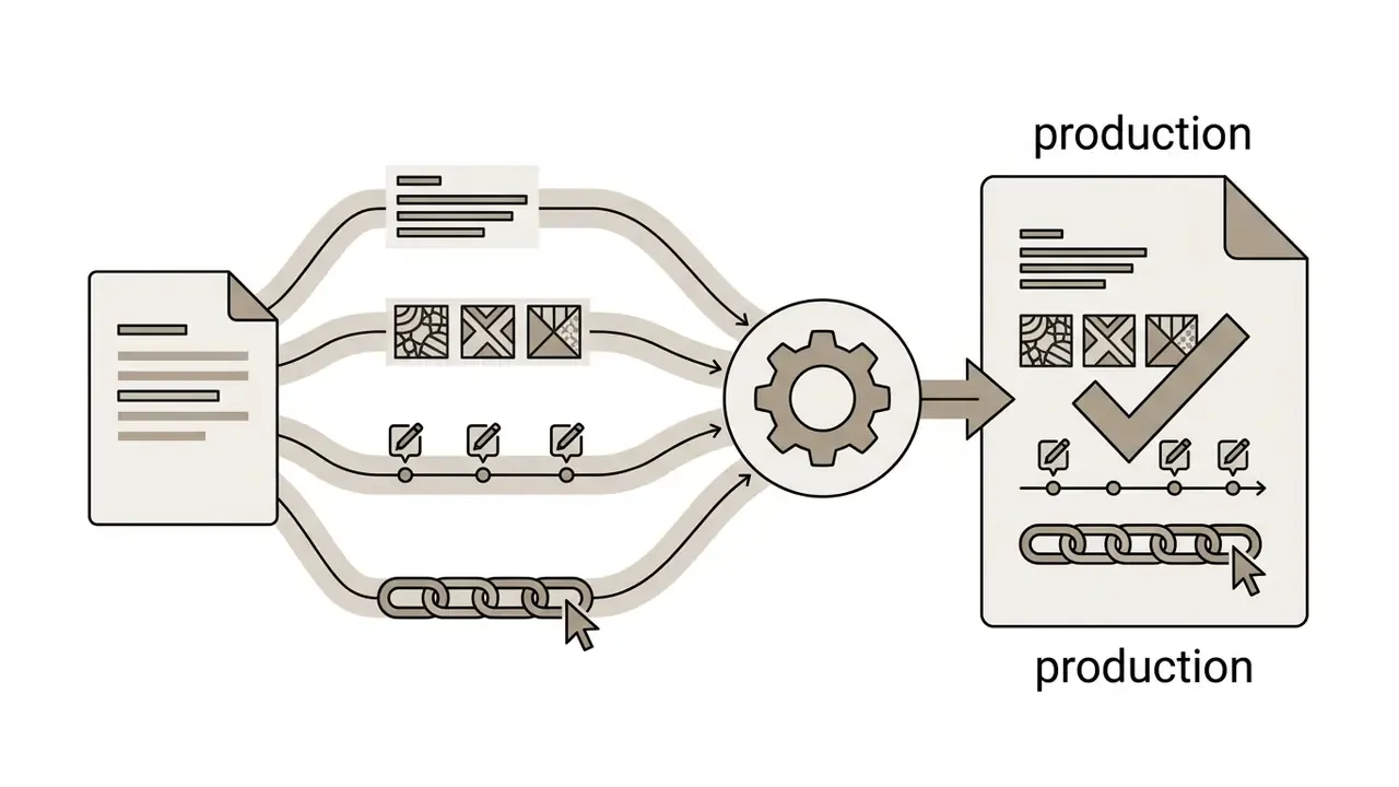 Document metadata and edit history paths converging into a gear icon to create a verified production asset