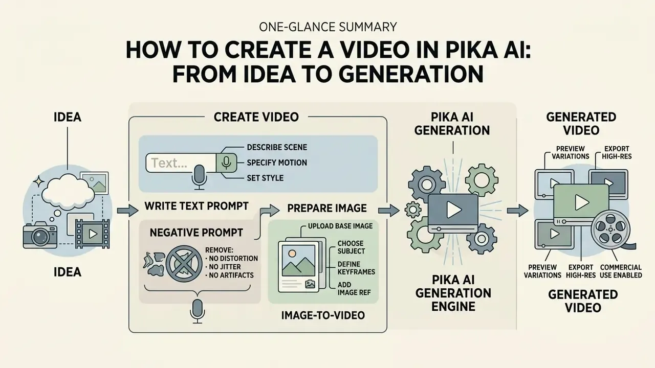 Step-by-step process diagram showing text prompts, negative prompts, and image inputs for video creation