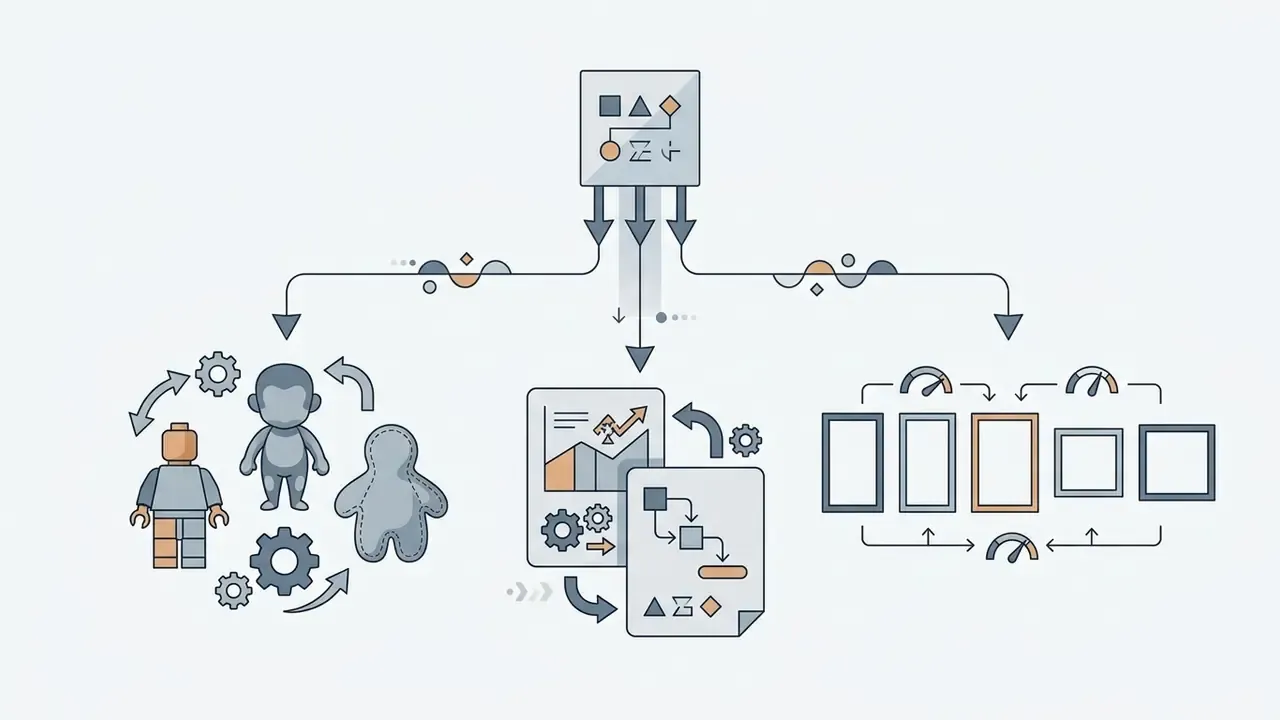 Flowchart branching from a central node to icons representing toy styles, technical models, and aspect ratios