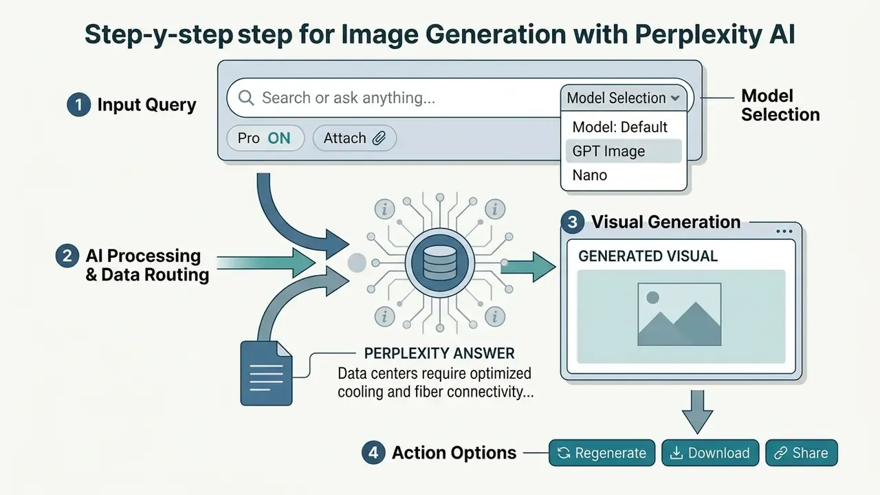 Diagram illustrating the Perplexity AI image generation process from input query to final output options