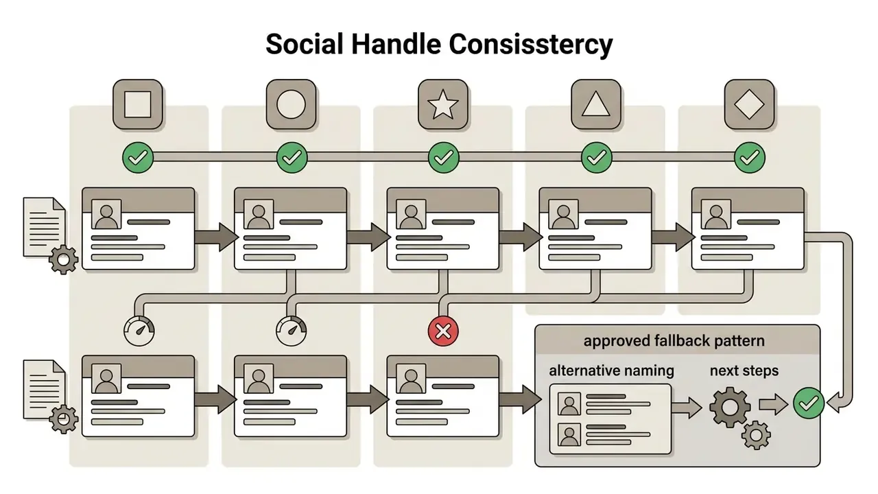 Sequence of social media profile checks showing successful matches and a fallback pattern for unavailable handles