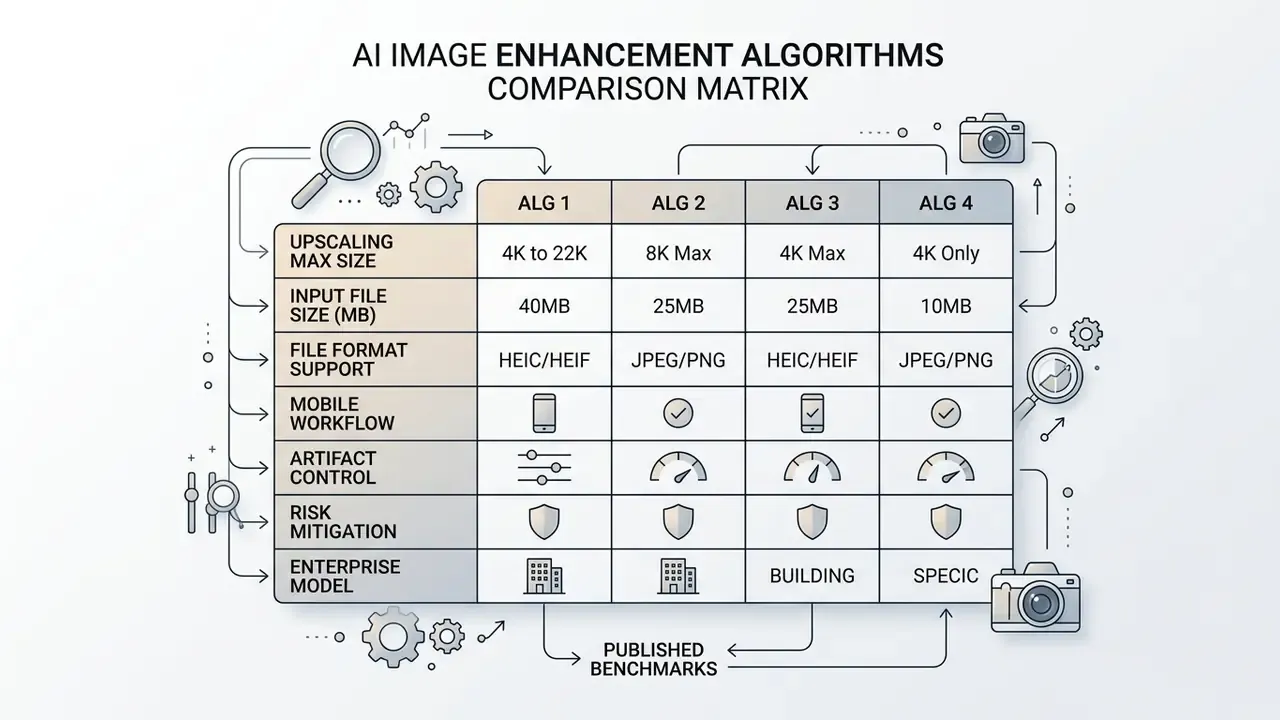 Comparison matrix table evaluating four different algorithms across technical and operational criteria