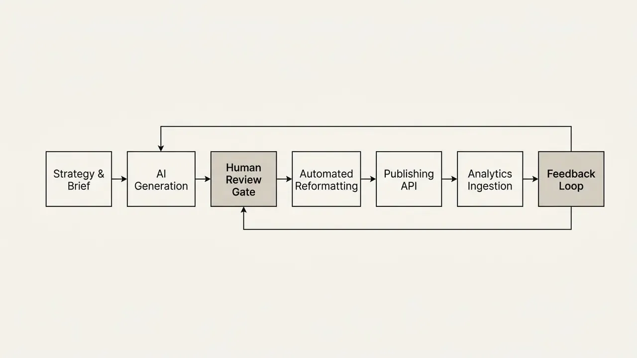 Block diagram showing the seven stages of an AI media workflow with feedback loops and human review gates