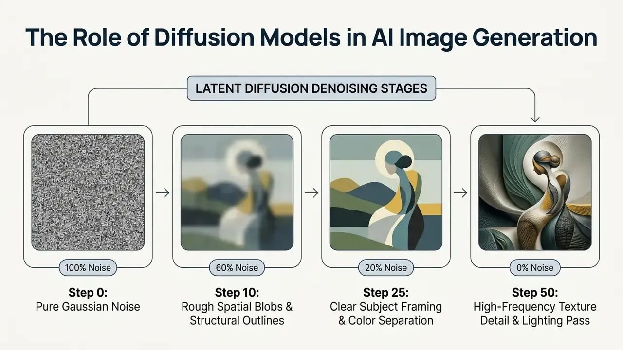 Four sequential panels showing the progressive refinement of an image from pure noise to a detailed figure