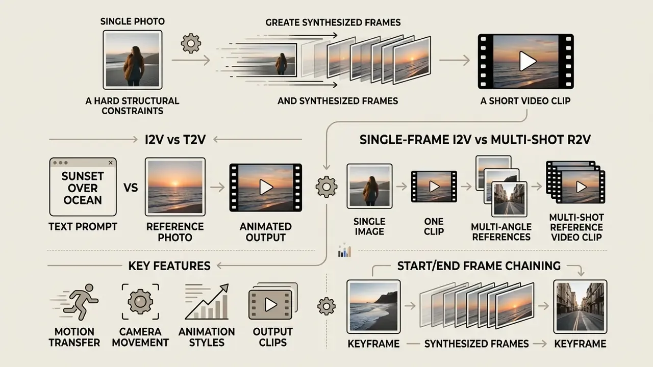 Diagram detailing how an image to video AI tool generates motion from single frames and reference clips