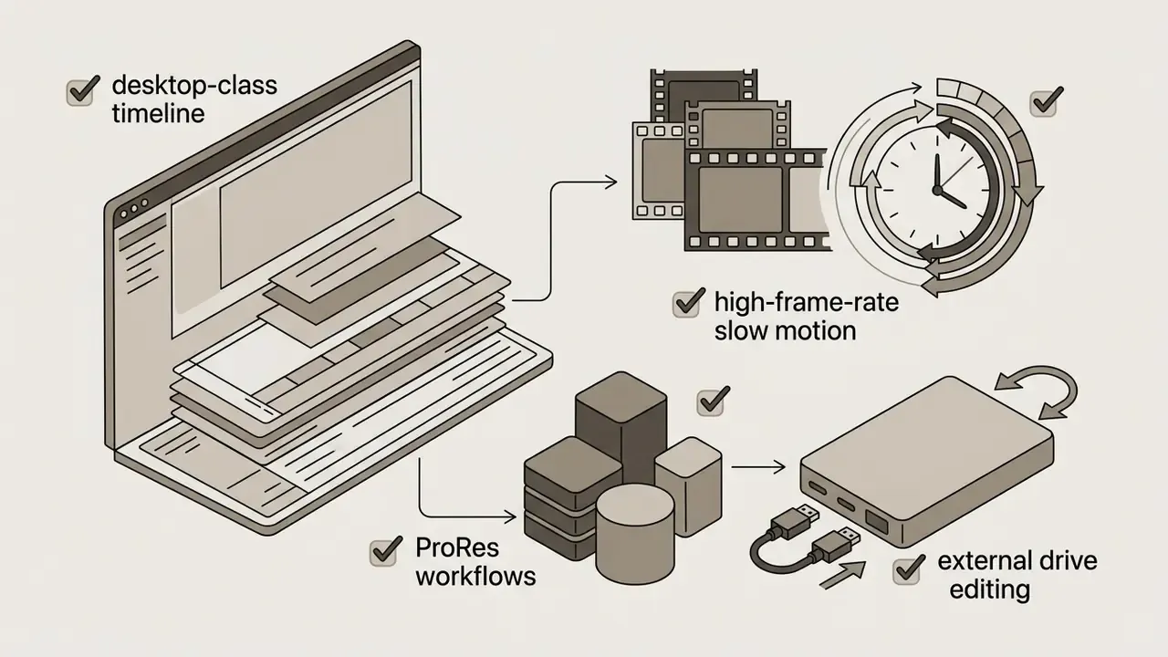 Laptop with layered timeline connecting to film reels, a clock icon, and an external hard drive