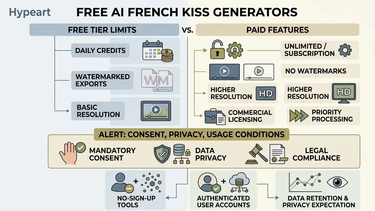 Comparison chart contrasting free tier limitations with paid subscription benefits and privacy alerts