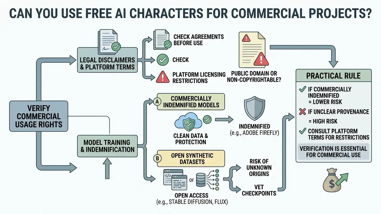 Decision path showing legal checks and model provenance risks for commercial asset usage