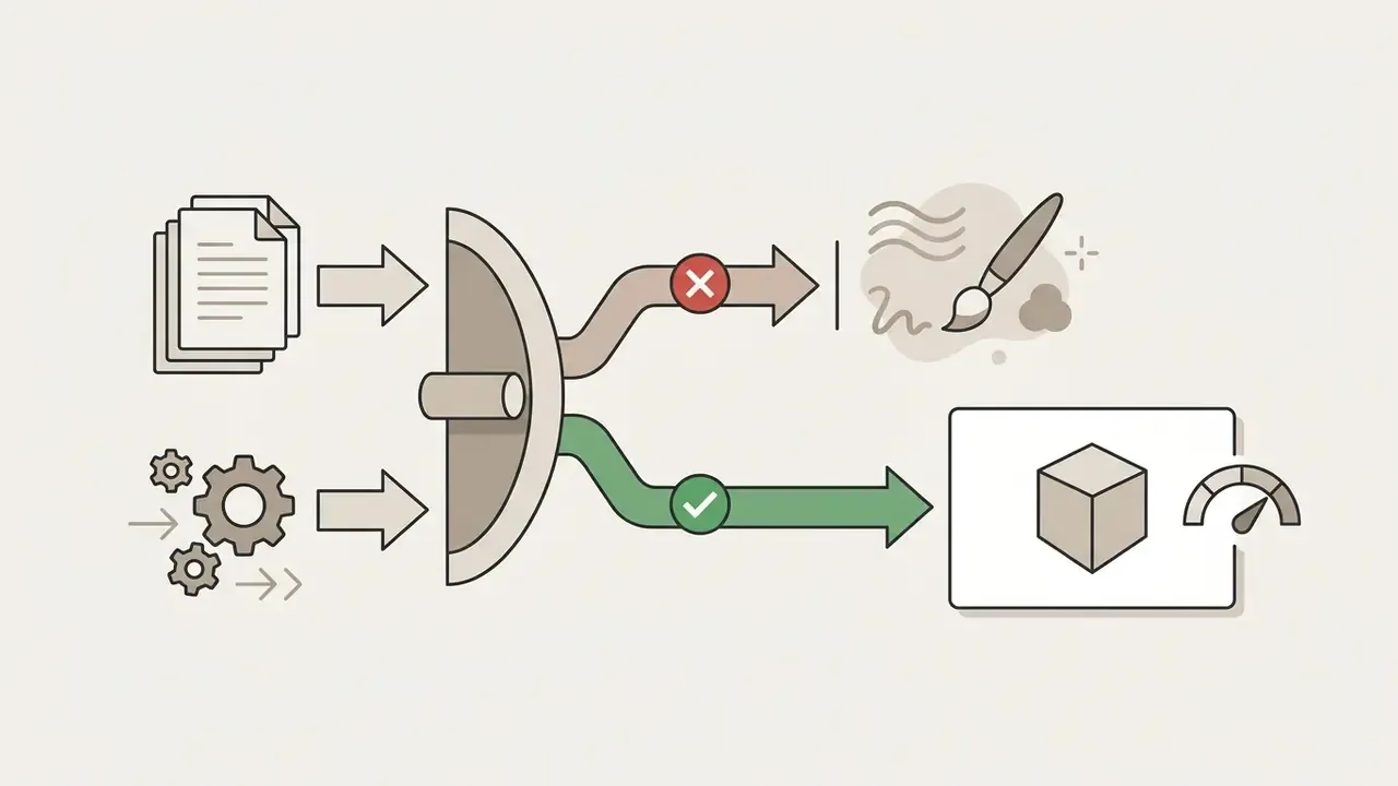 Documents and gears feeding into a processor that filters artistic styling versus raw output