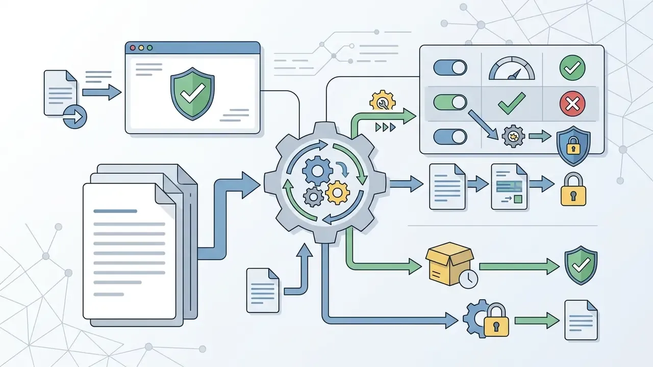 Central gear mechanism processing documents into secure outputs with toggle switches and privacy icons