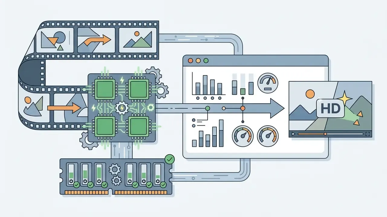 Film strip frames processed by a CPU and RAM module into a dashboard showing HD video output