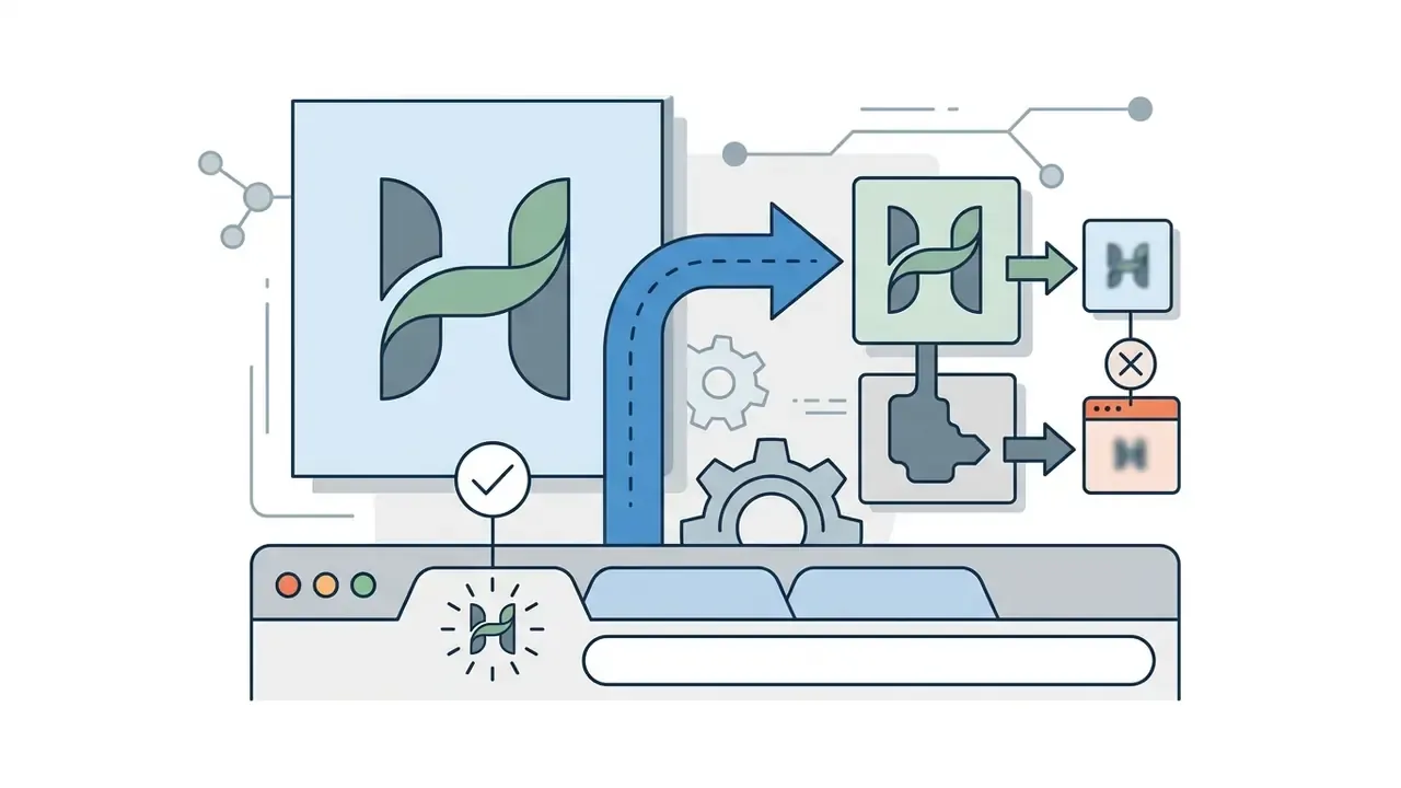 Diagram showing how a logo design is scaled down to test its legibility as a small browser favicon