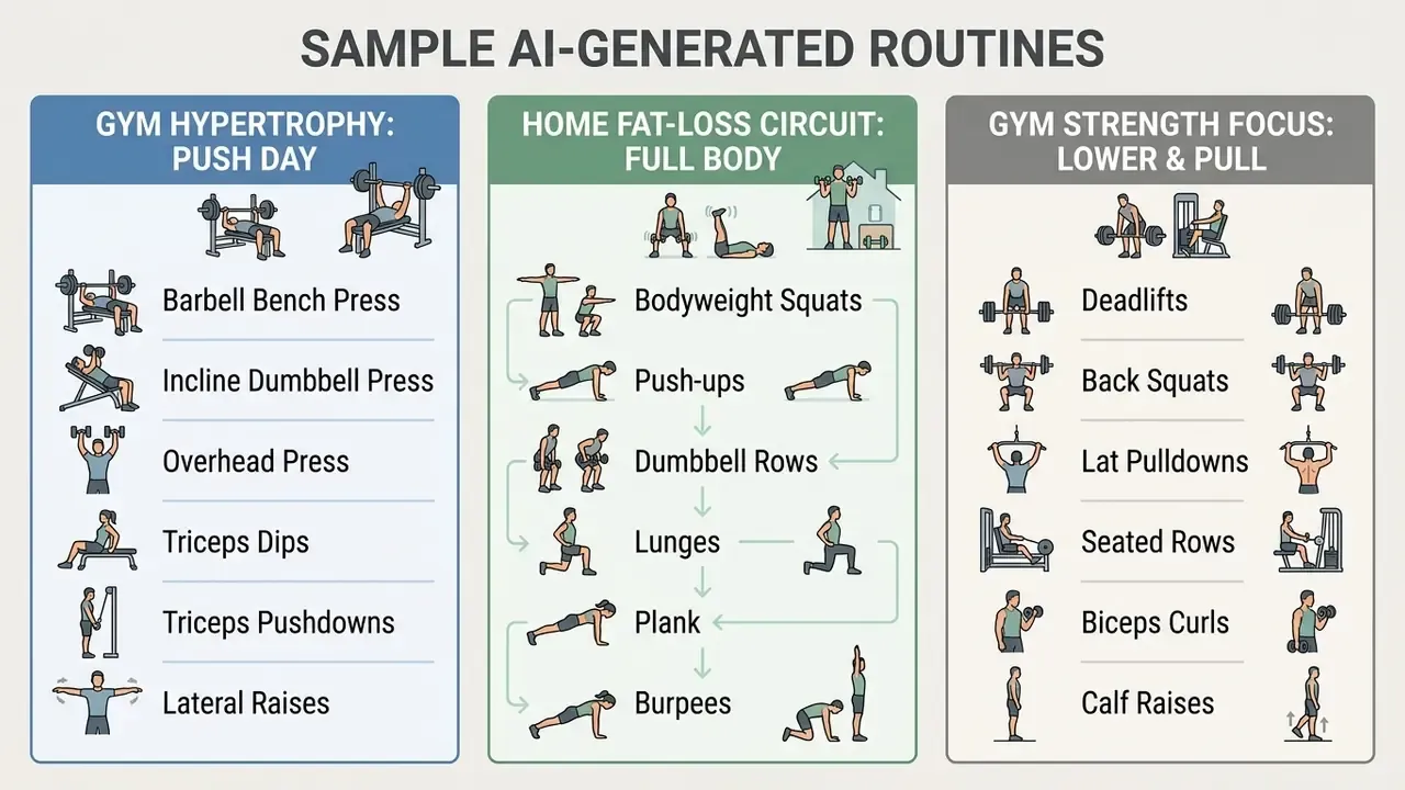 Three vertical panels displaying exercise lists for gym hypertrophy, home fat-loss, and strength training
