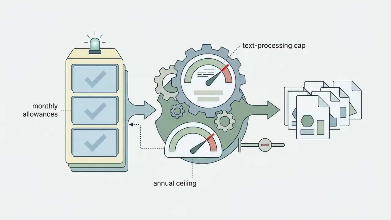 Gauges and gears tracking monthly allowances and annual ceilings for an AI presentation maker