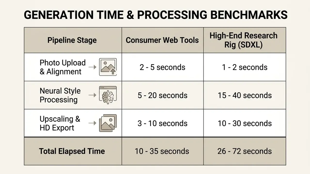 Comparison table showing processing time benchmarks for consumer web tools versus a research rig