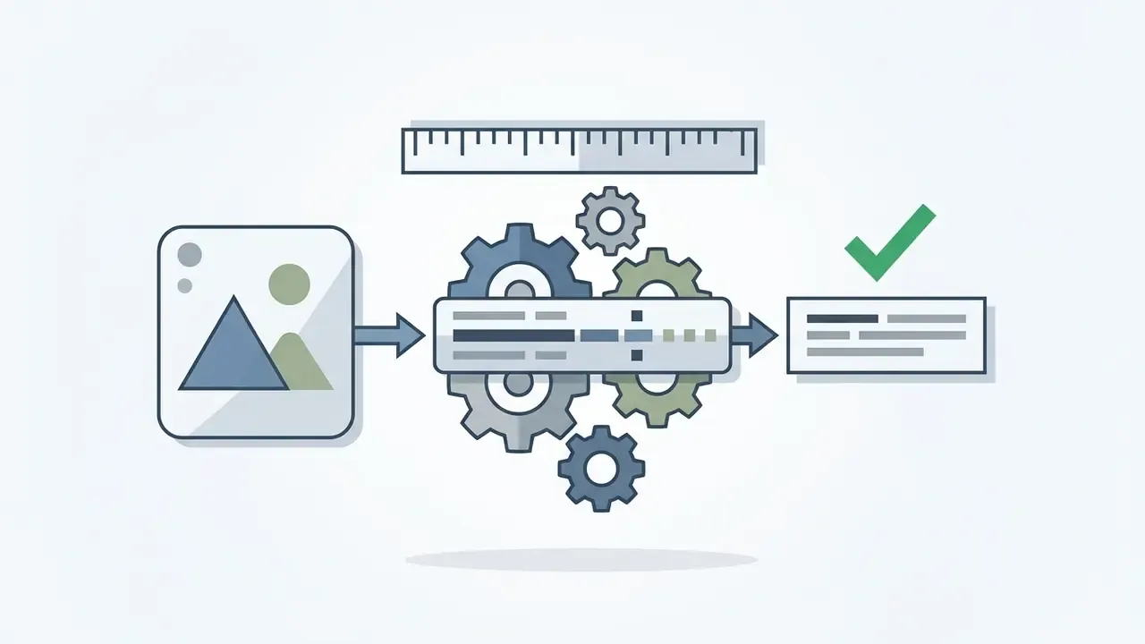 An image being processed through a gear mechanism to produce verified text content