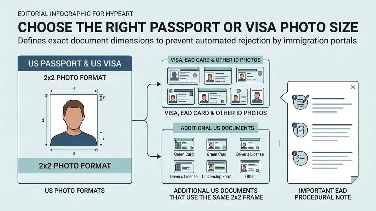 Infographic showing 2x2 photo requirements for US passports, visas, and various official identity documents