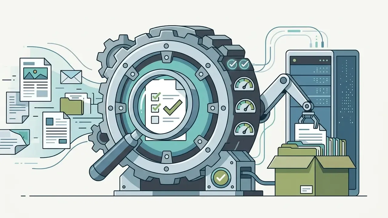 Documents flowing into a gear mechanism with a magnifying glass and gauges to archive approved files