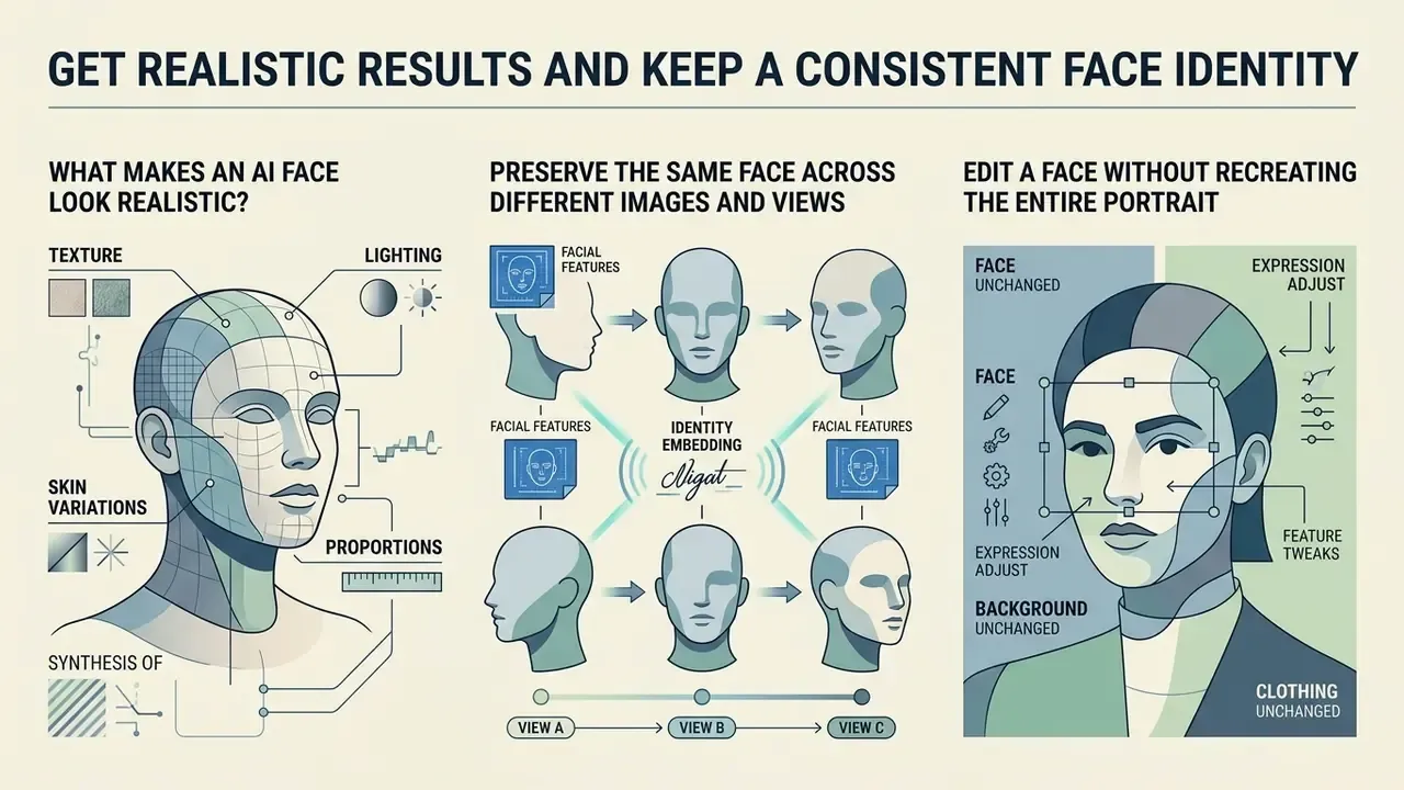 Three-part infographic detailing factors for realism, identity preservation, and portrait editing techniques