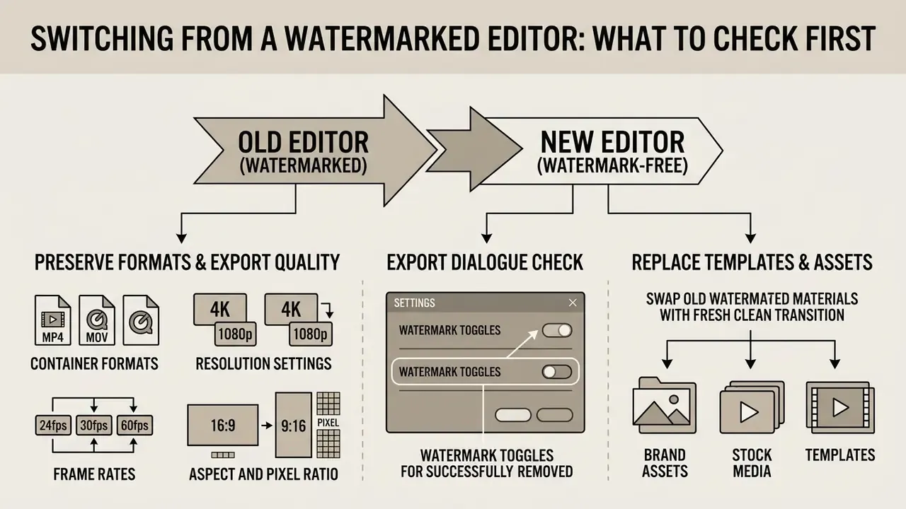 Diagram showing technical steps to migrate video projects from a watermarked editor to a new tool