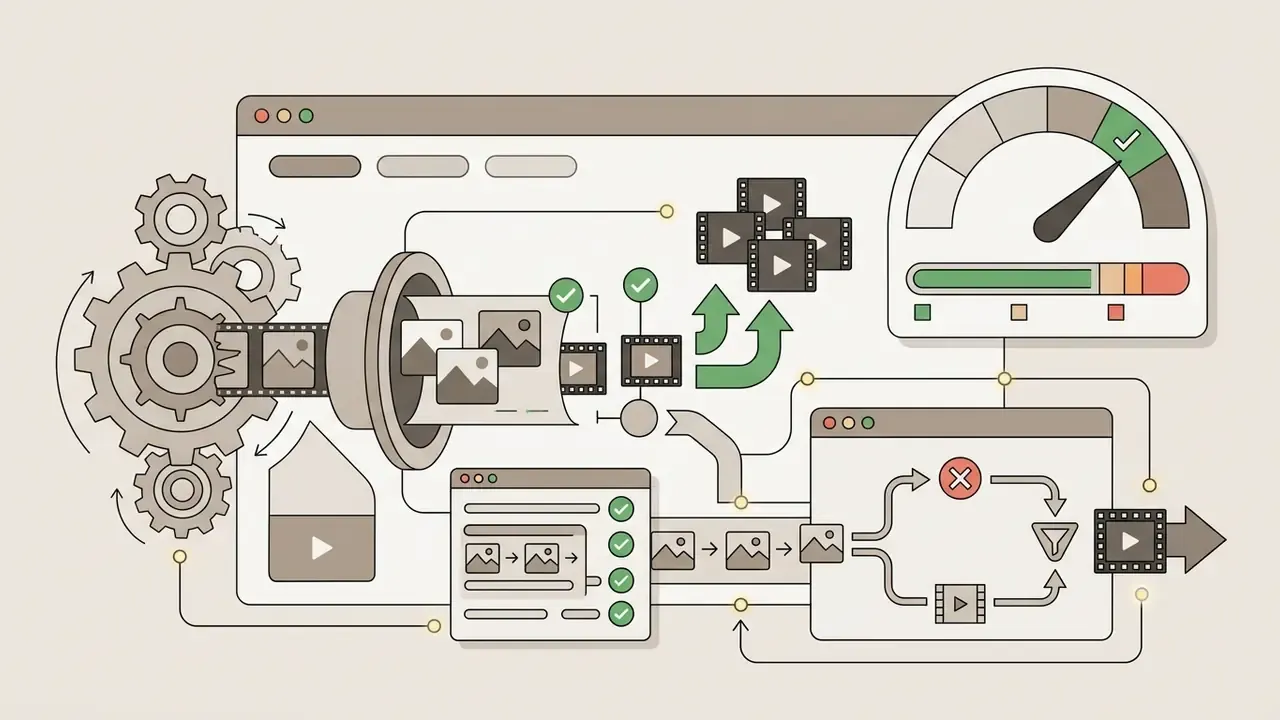System diagram showing gear-driven image processing, error filtering, and a status gauge for API reliability