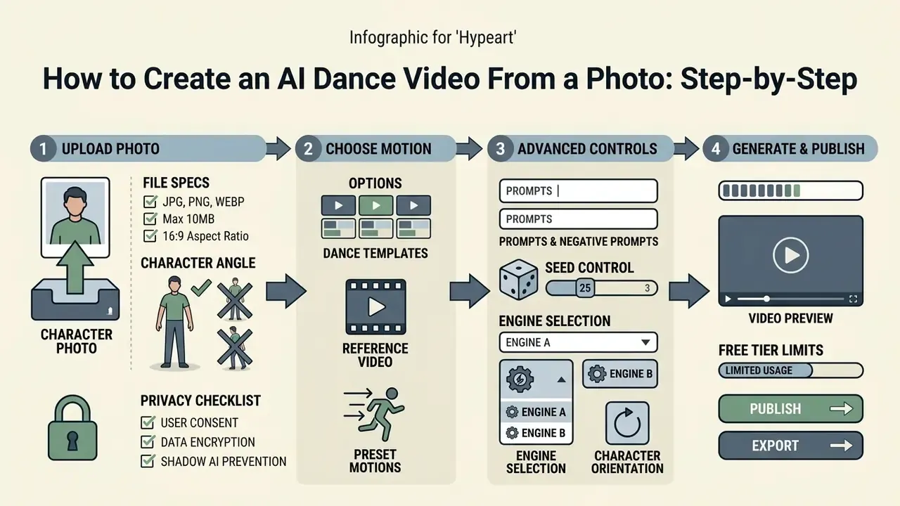 Four step flowchart showing the process of using an ai dance generator to turn a photo into a video