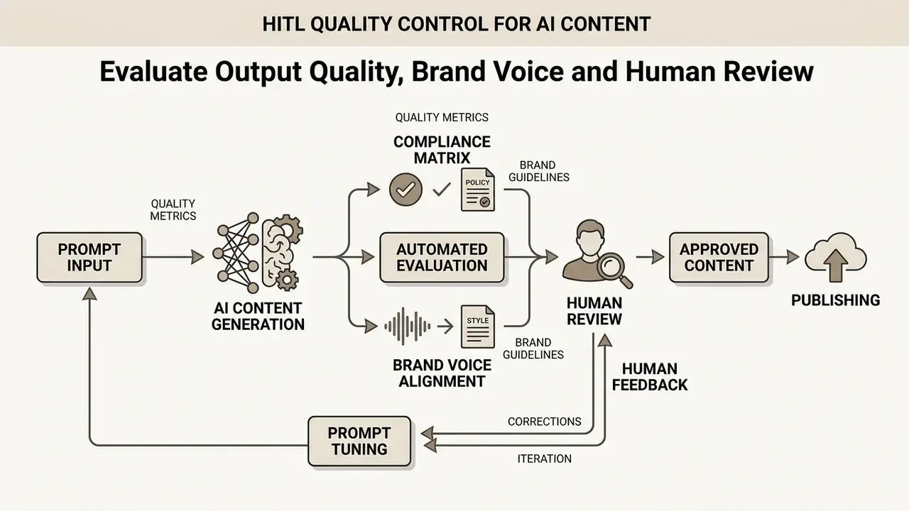 Diagram of a closed-loop system for AI content creation involving automated checks and human review