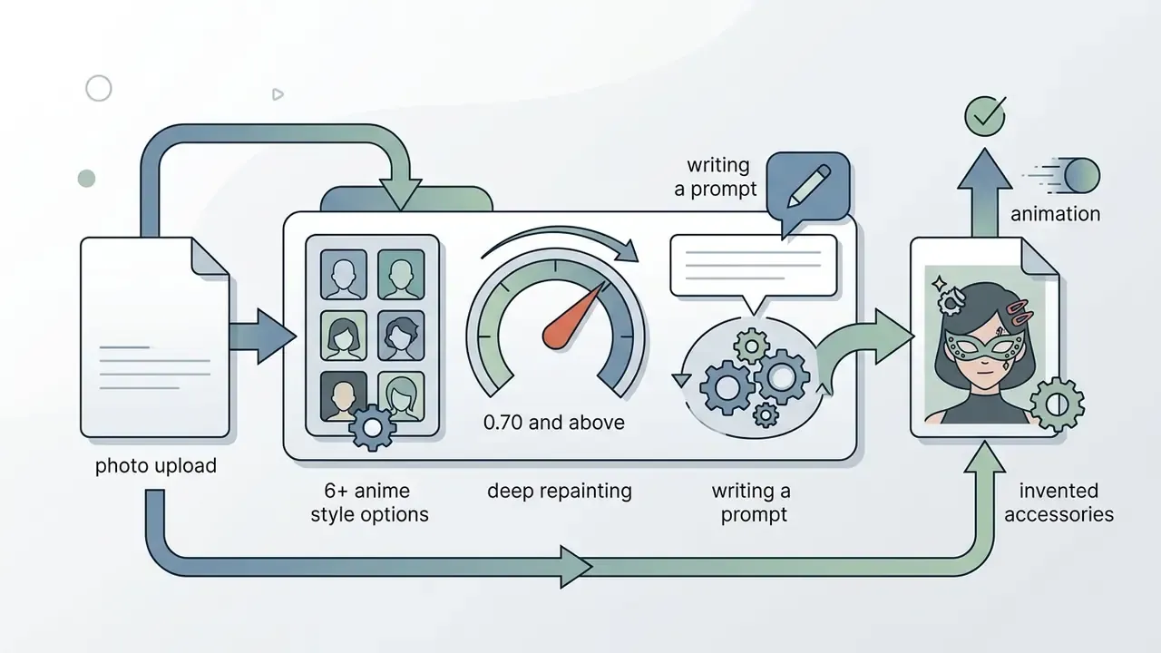 Photo upload feeding into a style selector and a strength gauge set to deep repainting with prompt input