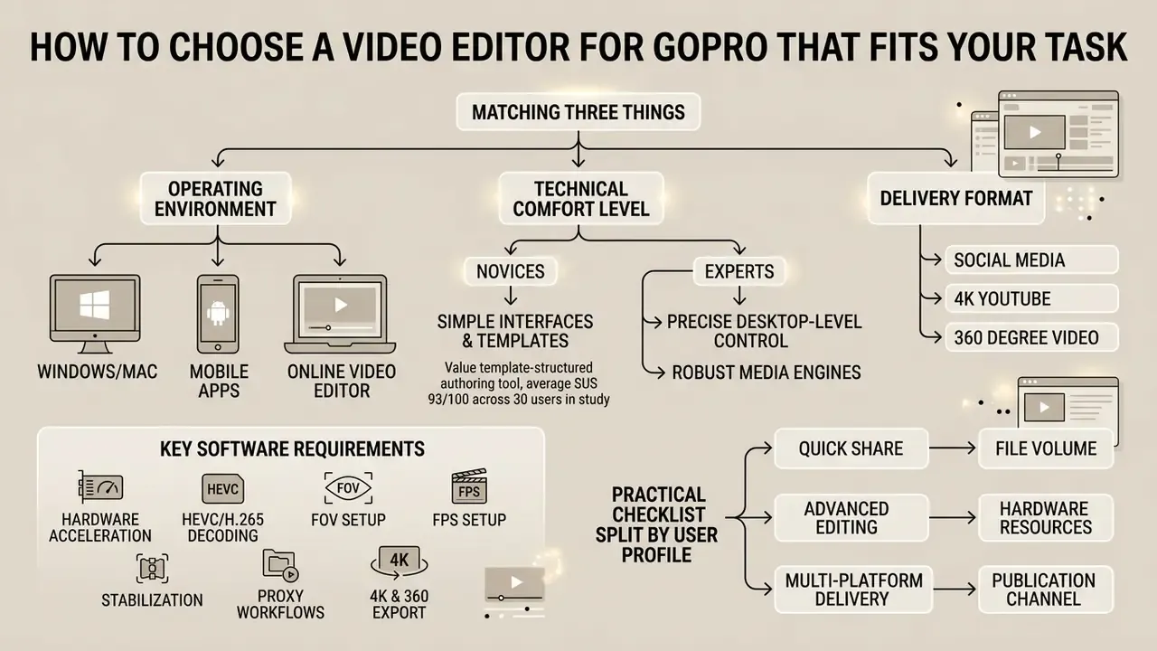 Flowchart outlining factors for selecting a GoPro video editor based on environment and user expertise