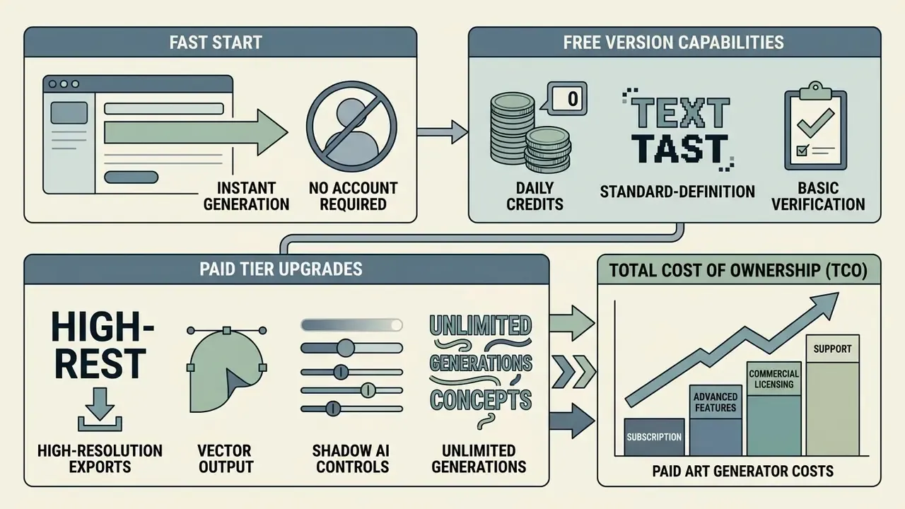 Diagram comparing free AI word art generator features with paid subscription tier upgrades and costs