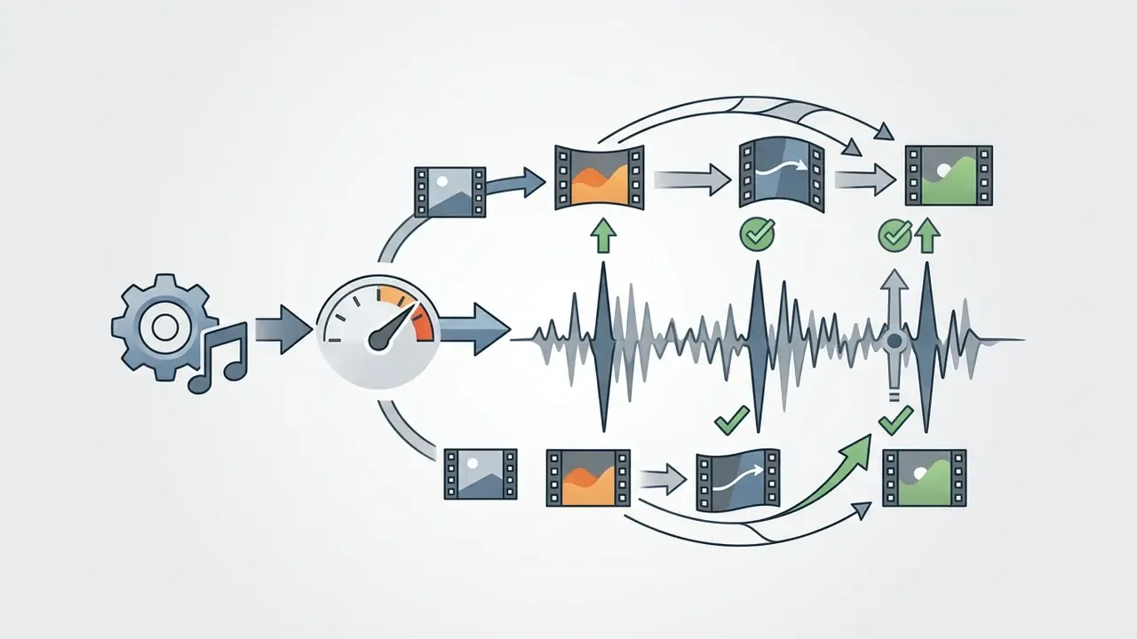 System mapping audio wave peaks to video clip transitions for synchronized playback and frame alignment