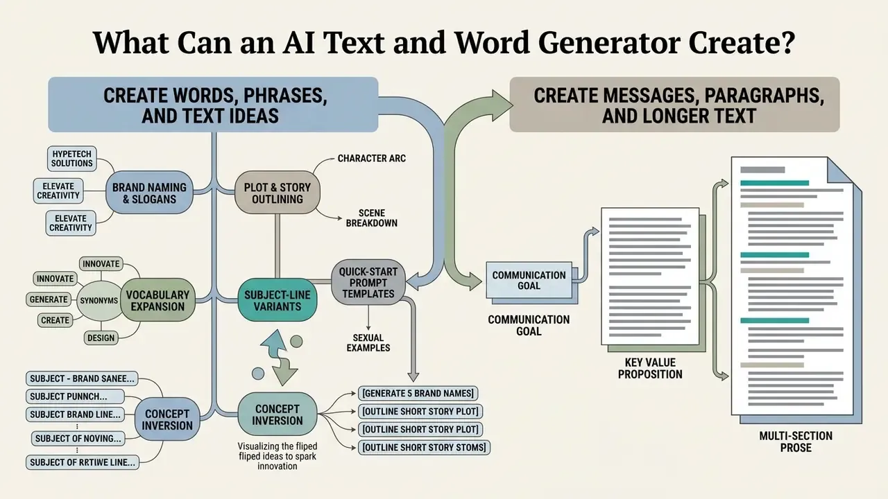 Mind map showing how an AI text generator creates everything from short phrases to multi-section documents