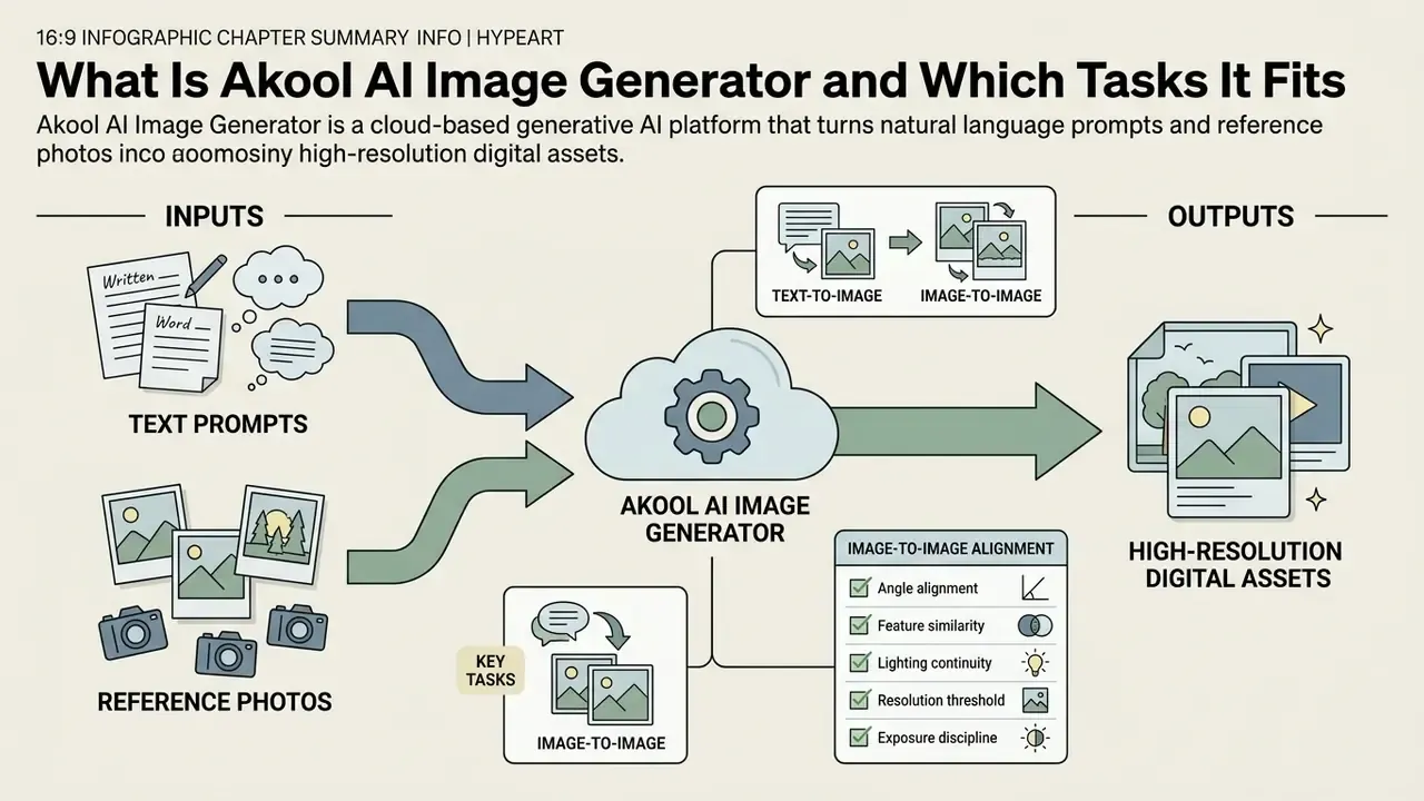 Infographic showing text and photo inputs flowing into Akool AI Image Generator to create digital assets