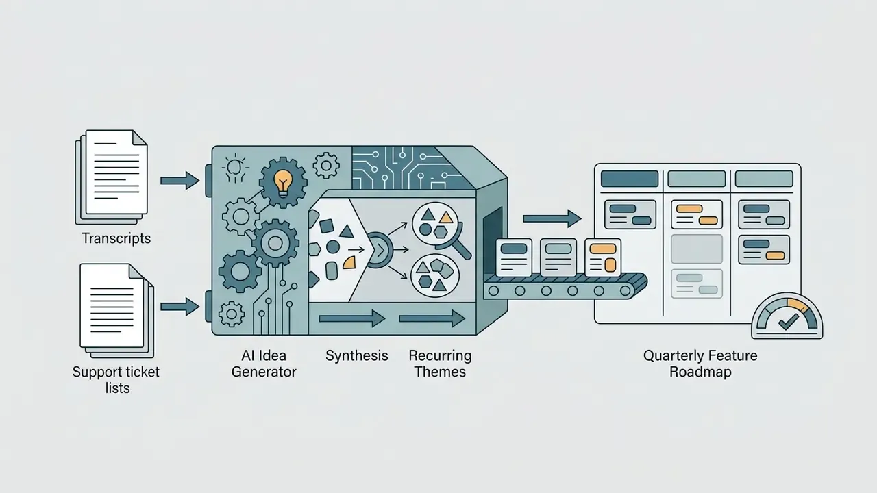 Transcripts and support tickets entering a processing machine to output a quarterly feature roadmap