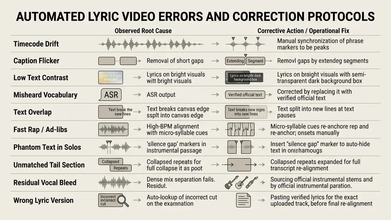 Table mapping common video production errors to their root causes and specific manual correction steps