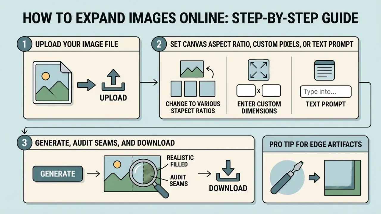 Three step workflow showing how to upload, configure canvas dimensions, and generate new image content