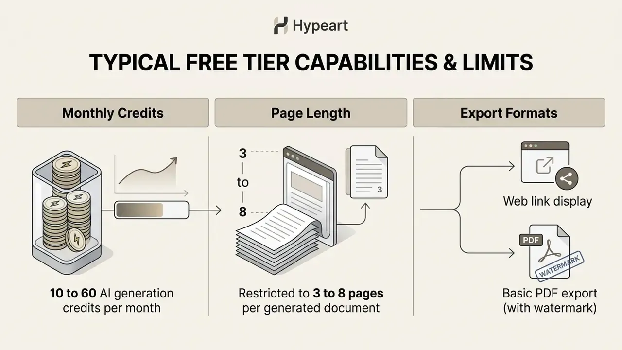 Overview of monthly credit limits, page length restrictions, and available export formats for free users