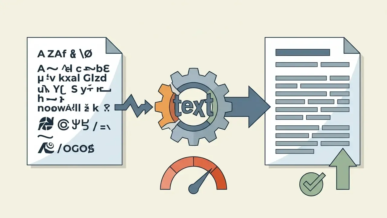 Document with garbled characters being processed through a gear mechanism into a clean text document