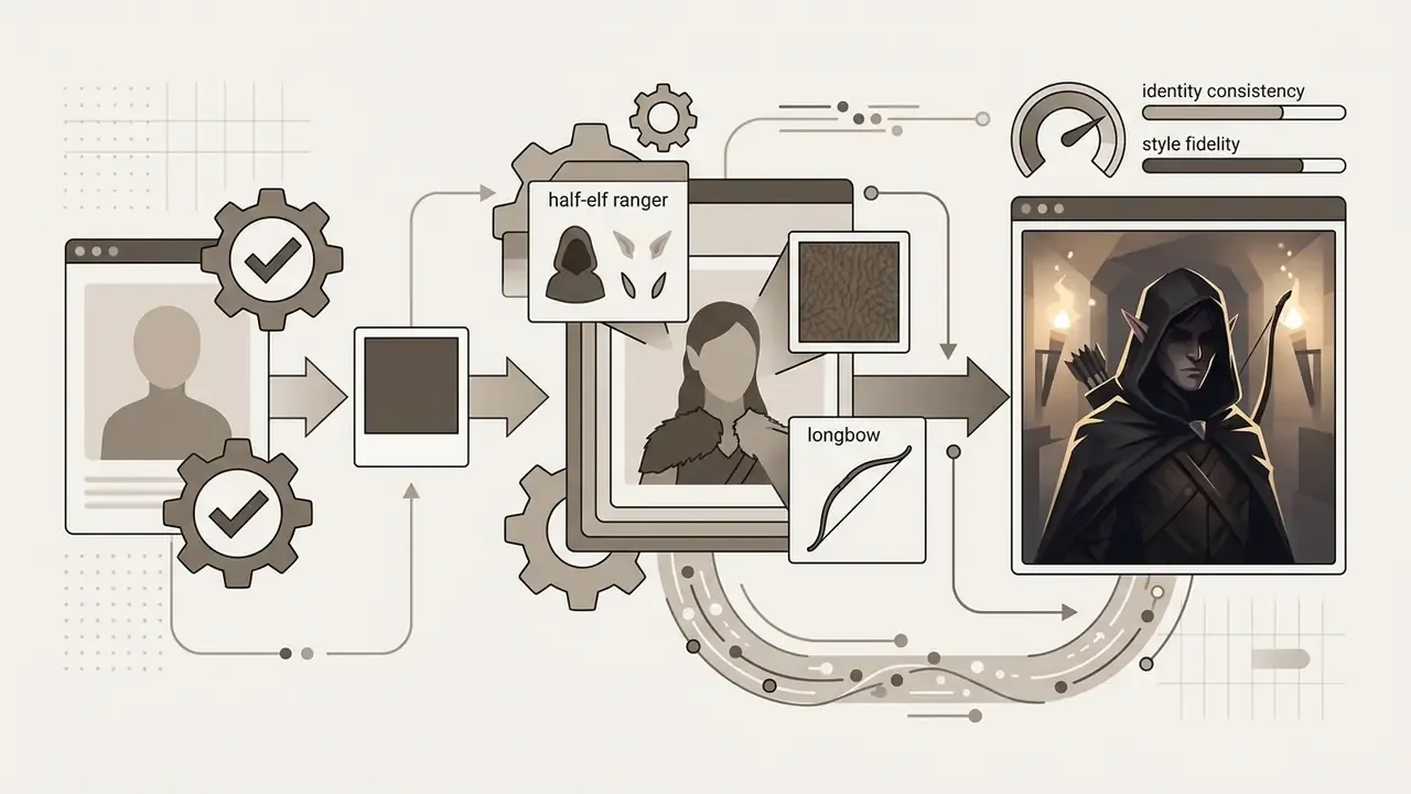 Process of layering fantasy elements onto a portrait to generate a half-elf ranger character